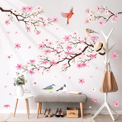 DECOWALL SG2-2305 Cherry Blossom Branch (Rosa ver.) Väggdekaler Dekaler Avtagbara Nursery Sovrum Vardagsrum konst heminredning dekoration blommor fåglar träd