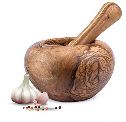 Mörser mit Stößel aus Olivenholz, Kräutermörser, handgefertigt mit Naturrand, Küchenmörser Holzmörser - nachhaltiger Kräuter-, Gewürz-Mörser (Ø 12 CM)
