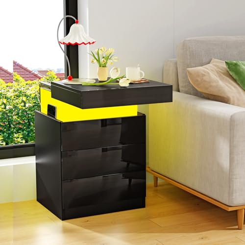 HaodaCulture Nachttisch mit Steckdose, Nachtschrank mit Led, Nachtkommode mit 3 Schubladen, Einstellbare 16 Farben, Versteckte Schiebeschränke, für Schlafzimmer Wohnzimmerm Schwarz 45x40x67cm