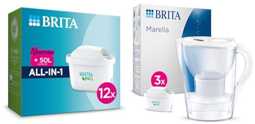 BRITA Cartouche Filtre Eau Robinet MAXTRA PRO All-in-1 - Pack de 12 pour recharge carafe filtrante & Carafe Filtrante BRITA Marella Blanche (2,4l) incl. 3 cartouches filtre eau robinet MAXTRA PRO