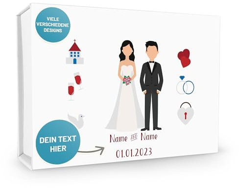 Verpackungswelt Hochzeits-Box personalisiert | 23x17x5 cm | Magnetische Geschenk-Box mit Deckel | Personalisierte Geschenk-Verpackung für Hochzeitsgeschenk | Romantisches Brautpaar-Design in Weiß