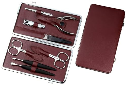 Sonnenschein by Hans Kniebes Maniküre Set 8-teilig aus Edelstahl Bordeaux – Profi Nagelset & Nagelpflegeset im Nappa-Leder Etui – Fußpflege Set & Kompaktes Nagel Set