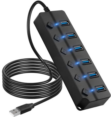CERRXIAN Hub USB, divisor de concentrador USB de 7 puertos con interruptores LED individuales de encendido/apagado, cable de 2 m de largo, extensor multipuerto, divisor USB de transferencia rápida de