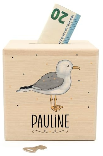 Muckelmeister Spardose Kinder Personalisiert mit Namen aus Holz - Möwe | 10x10x10cm, Spardose mit Schloss und Schlüssel, Nikolaus Geschenk Kinder Weihnachten, originelle Geschenke zur Geburt