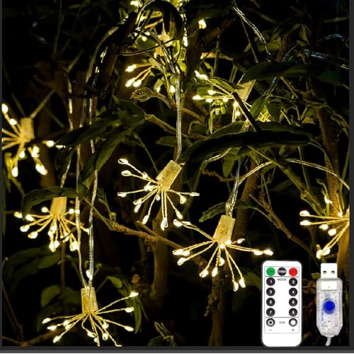 SUAVER Fuochi d'artificio catena luminosa con telecomando, luce natalizia a LED, alimentata tramite USB, 8 modalità, mini sfera di luci, decorazione natalizia, impermeabile, a LED, ciuffo, filo di