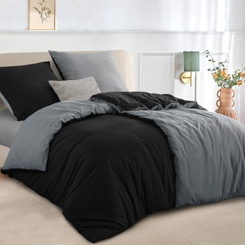 RUIKASI Bettwäsche 135x200 4teilig Mikrofaser, Schwarz Grau | Wendebettwäsche 2 Bettbezuge + 2 Kissenbezuge 80x80 cm mit Reißverschluss OEKO-TEX Bettwäsche Sets, Weich und Bügelfrei