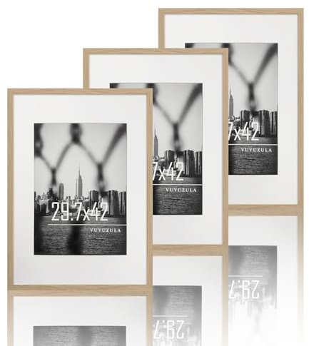 VUVUZULA Marco de fotos A3, 30 x 42 cm, marco de madera de roble, juego de 3 unidades, DIN A3, con paspartú, certificados, marco de póster natural