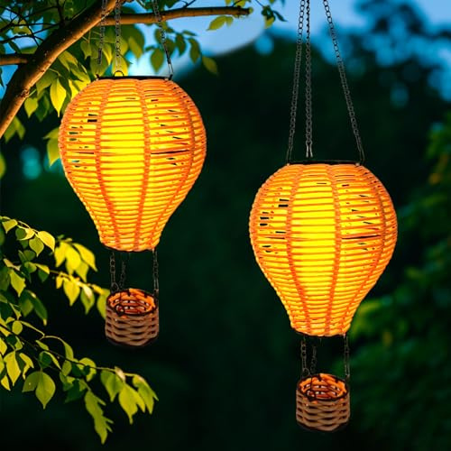 Solarlampen für Außen Hängend Solar Rattan Lantern,Hanging Flame Lantern für Draußen Garden Decor Gewebte Heißluftballon Flickering Garten Solarleuchten for Trees Patio Lawn Yard Porch Decor (2)