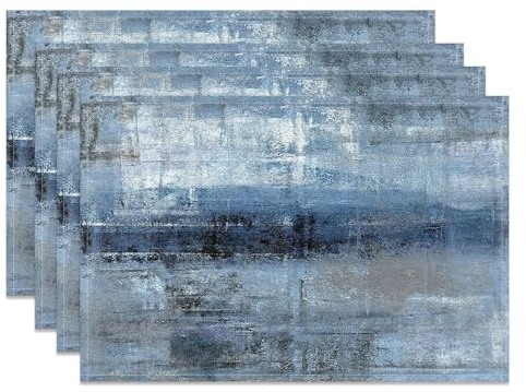 MIRRORANG Juego de 4 manteles individuales de arte abstracto de 45 x 30 cm, diseño abstracto azul y gris, manteles individuales modernos para cocina, comedor, decoración del hogar