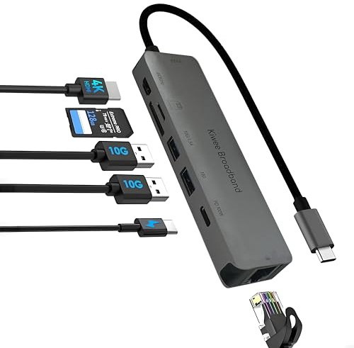 Kiwee Broadband Hub USB-C 7-en-1 con Ethernet 5G, Carga PD de 100W, HDMI 4K, 2 Puertos USB-A 3.2, Lector de Tarjetas SD/Micro SD, PD Type-C para MacBook, Portátiles Windows y Más (KB-USBC-5GH7)