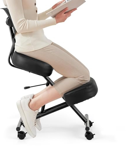 COSTWAY Chaise à Genoux Ergonomique avec Dossier, Siege Assis Genoux Réglable, Tabouret Bureau Orthopédique avec Roues Universelles Verrouillables, Correcteur de Posture Confortable, Noir