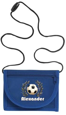 minimutz Geldbörse Kinder personalisiert, Kindergeldbeutel mit Name, Brustbeutel Fußball Jungen (Royalblau)
