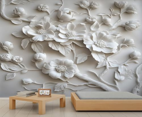 YEMYOR Papier peint mural floral blanc en relief - Papier peint floral européen de luxe 3D - Art abstrait - Fond d'écran pour salon et chambre à coucher - 150 x 100 cm