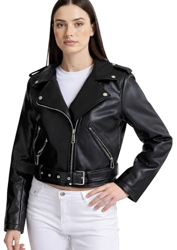 vittorio y Giacca Biker Donna in Ecopelle,Giacchetta Elegante per Motociclista, Giubbino Corto Casual (IT, Testo, XL, Regular, Regular, Nero)