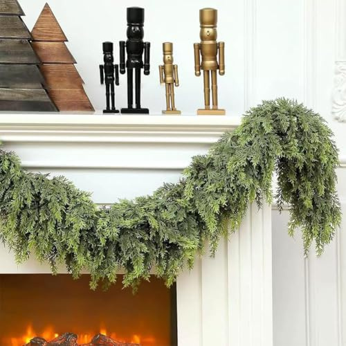 Christmas Norfolk Pine Garlands,Christmas Artificial Cliff Cedar Garland Realistic Pine Cypress Vines Realistic Greenery Plant Decor for Table Mantle Wall Decor
