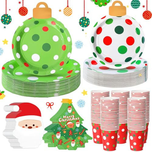 Zhehao 200 Pcs Christmas Party Supplies Red and Green Polka Dot Tableware Set Disposable Cups Paper Dinner Dessert Plates and Napkins Dinnerware for Xmas Holiday Party Decorations Serves 50 Guests