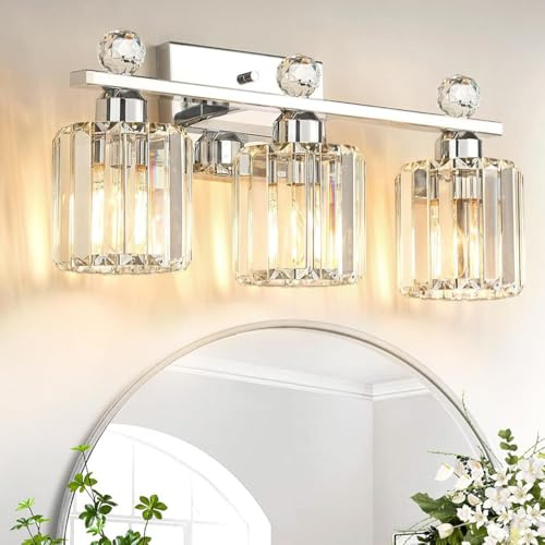 Chao Zan Wandleuchte schlafzimmer kristall, E27 wandlampe badezimmer, 3 flammige wandbeleuchtung innen, spiegelleuchte bad vintage glas (Silber)