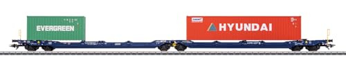 Märklin 47474 Double Pocket Cart Sdggmrss - H0 AC - 6 Axle VTG Freight Cart, Metal Construction, Folding Latch, Loaded with 20ft & 40ft. Containers - Era VI - Wagon Model 15.5