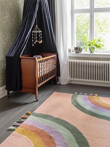 RugVista Rainbow Kinderteppich, 100 x 160 cm, Rosa/Multi | Moderne, Kinder, Rechteckig, Niedriger Stapel, Maschinenwäsche, Oeko-Tex 100, Ohne gefährliche Chemikalien, Kinderzimmer