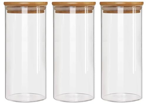 NBBENG 44oz Pasta Glass Storage Jars with Lids, Clear Glass Jars with Bamboo Lids, Kitchen Storage Container Jar, Airtight Kitchen Food Canisters for, Sugar, Oats, Cereal, Biscuit Jar Set of 3
