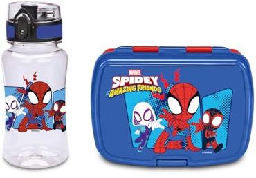 Seven Set Porte-goûter + Gourde Spiderman, séparateur intérieur, Gourde 460 ML hermétique, Facile à Ouvrir, Produit Officiel, idée Cadeau Enfants, école et crèche