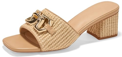 GotSoft Women's Raffia Slide Sandals Square Open Toe Sandal Chunky Heeled Metal Chain Dressy Shoes, Khaki, size 9