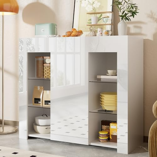 VSOGA Moderno buffet blanco con frente brillante - Solución de almacenamiento compacta y elegante con estantes de cristal y puerta de armario para salón, comedor o cocina - 95 x 35 x 83 cm