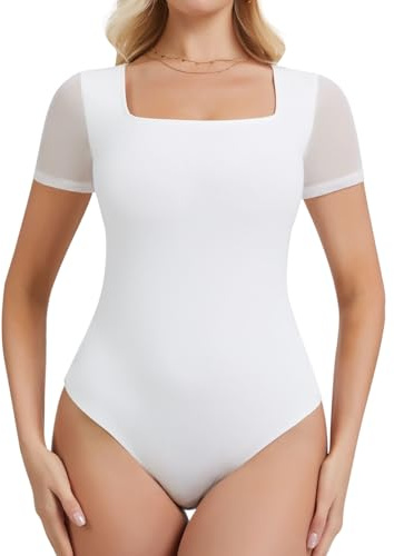 SHAPERIN Body Donna Elegante Maniche Corte Rete Patchwork Top Estivo con Scollo Quadrato T-shirt Camicia Aderente, Bianco, XL
