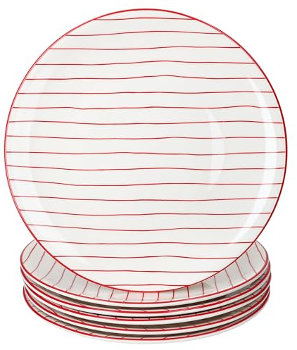 MamboCat Lot de 6 assiettes plates rayées rouges - Diamètre : 25,2 cm - En faïence - Grandes assiettes blanches avec lignes rouges - Assiettes plates pour repas principaux, barbecue, petit-déjeuner