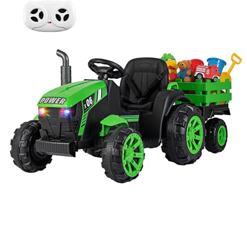 DREAMADE 24V Kinder Aufsitztraktor mit Anhänger, Fernbedienung, LED-Lichtern, Musik- & USB-Funktionen, Elektrisches Fahrzeug ab 3 Jahren, Grün