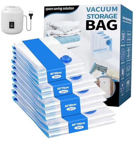 Dcceeo Bolsa Vacio Ropa con Bomba Eléctrica, 10 Piezas Bolsas Vacío Ropa (2 Jumbo, 3 Grandes, 2 Medianas, 3 Pequeñas) Bolsas al Vacío Ropas Reutilizable para Rope, Mantas, Edredones, Colchas, Viajes