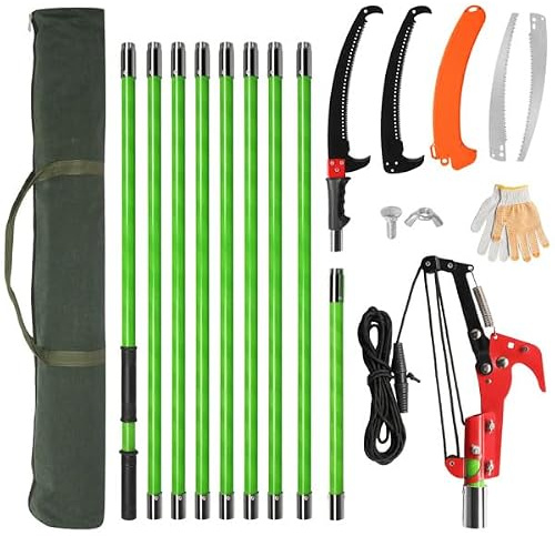 30ft Extendable Pole Saw Tree Pruner with Rope Cutter 9 Fibreglass Poles