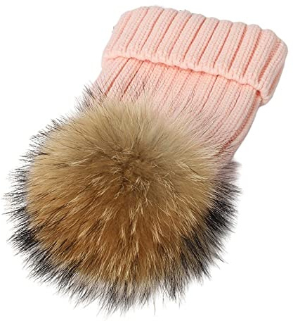 feifanshop Warm Mütze Pelz Bommel Echtpelz Waschbär Ski-Mütze Fellbommel Pelzbommel Raccoon
