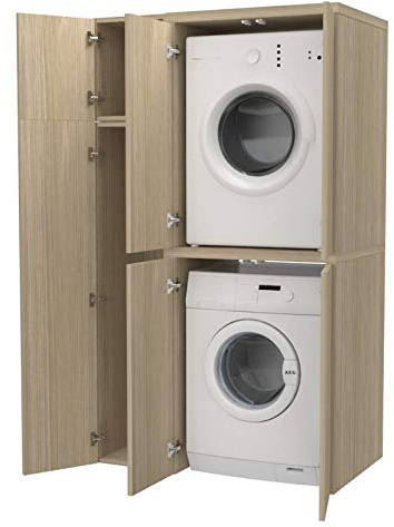 VE.CA.s.r.l. Armario Alto + Compartimento para Accesorios con Puertas para Lavadora/Secadora de Madera, Personalizado, lavadero, Cuarto de baño (encina)
