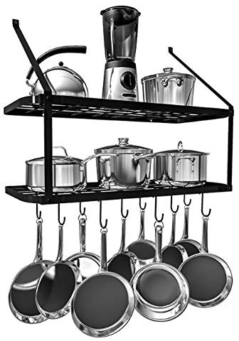 Warmiehomy Küchenregal Wand Pfannenhalter, Wandregal Küche mit 10 Haken, 2-Schicht Topf Pfannen Organizer, Gewürzregal Hängend, Wandmontage Küchenutensilienhalter Küchenablage (74,9x34,8x58,9 cm)