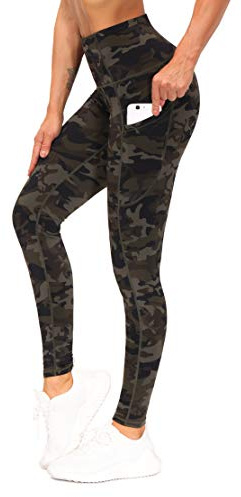 THE GYM PEOPLE Thick High Waist Yoga Pants with Pockets, Tummy Control Workout Running Yoga Leggings for Women (Large, Army Green Camo)