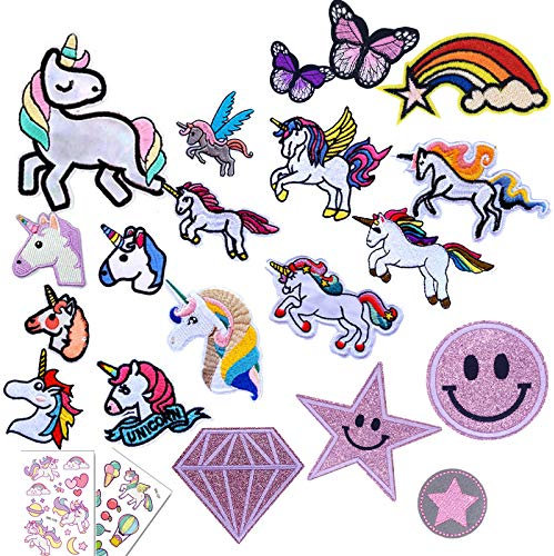 20 Stück Gemischt Bügelflicken/Flicken zum Aufbügeln,Aufbügelflicken Einhorn,Applikation Einhorn zum Aufnähen Set für Erwachsene,Mädchen,Kinder Knie,Junge,Jeans mit Smiley,Sterne,Schmetterlingen