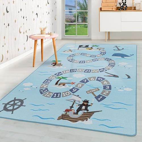 HomebyHome Kurzflor Kinderteppich für Jungen und Mädchen 120 x 170 cm Blau Pirat Design - Waschbarer Teppich Extra Weich und Antiallergen - Teppich für Kinderzimmer, Babyzimmer und Spielzimmer