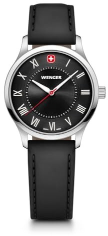 WENGER Damen Armbanduhr City Classic Ø 34mm, Swiss Made, Analog Quarz, Wasserdicht bis 50m, Kunstleder-Armband