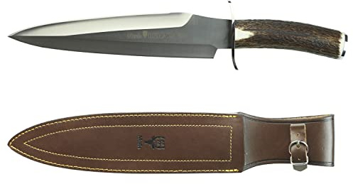 Jagd- und Sportmesser Muela REHALA-27A, Griff aus Hirschhorn, 27 cm Klinge aus Nitro-45 Stahl und 5 mm dick. Inklusive brauner Lederscheide + Mehrzweck-Geschenkkarte.