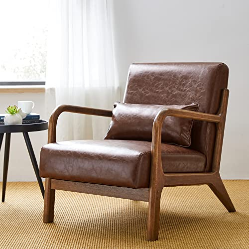 Glitzhome 30.75 H Mid Century Coffee Accent Armchair, Single Reading Armchair PU Leather Lounge Chair with Walnut Ruberwood Frame