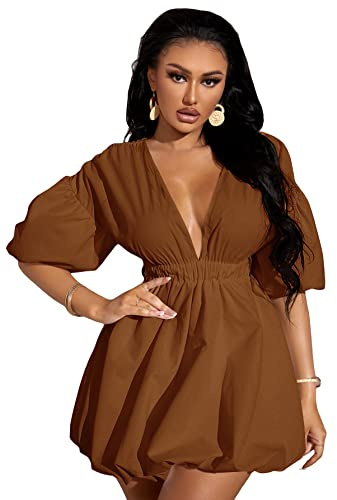 WDIRARA Women's Deep V Neck Puff Sleeve High Rise Flare Dress Elastic Waist Dress Brown X-Large