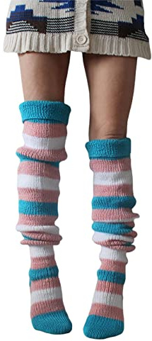 HodJIU Gestreifte Overknee-Socken für Damen, gestrickt, Oberschenkelhohe Socken, lässige lange Stiefelsocken, Strümpfe, Beinstulpen für Damen und Mädchen (Blau Rosa, Einheitsgröße), Blau/Pink,