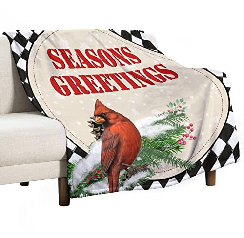 Flauschige Decke, Weihnachtsgrüße, weiche und bequeme Überwurfdecke, Fleece-Überwurf für Sofa, Bett, Reisen, Autodecke, Tiere, Kardinal, Stechpalmen, Pflanze, Tannenzapfen, warme Decke, 130 x 150 cm