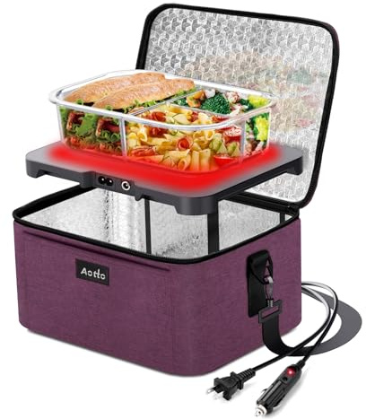 Aotto Portable Oven, Electric Lunch Box Food Heater - 12V/24V/110V 3-in-1 Car Food Warmer - Heated Lunch Box for Adults - Cook, Reheat & Keep Meals Warm for Vehicle, Travel, Work, Home - Deep Purple