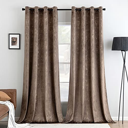 MIULEE Tende velluto stampa foglie dorate passanti 2pz L140xA280 Marrone | Tende velluto morbide con stampa dorata decorativa, oscuranti termiche con passanti metallici per soggiorno e camera