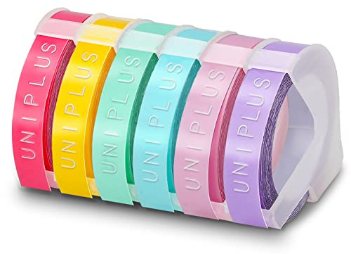 UniPlus Compatible 3D 9mm Embossing Label Replacement for Omega S0717930 Junior S0717900 3D Plastic Tape Pink/Light Yellow/Blue/Green/Pink/Purple for E-101 E-303, 6-Rolls
