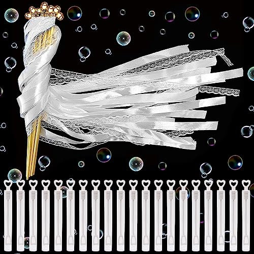 20 x Wedding Wands und 20 x Seifenblasen, Zauberstäbe mit Glocken und Spitzen Luftschlangen, Hochzeit Glücksstäbe Stäbe Fairy Stick, Luftschlangen + Seifenblasen für Hochzeit Babypartys Geburtstag