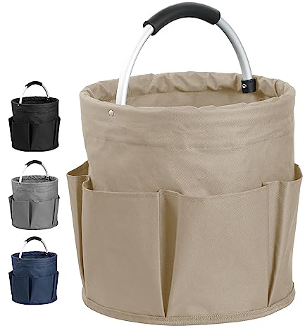 IHOMAGIC 17L Cestino porta Attrezzi con 6 Tasche Esterne, Borsa Organizer Pieghevole, Sacca Portaoggetti per la casa, shopping, i picnic, Borsa per Attrezzi da Giardino, Cachi