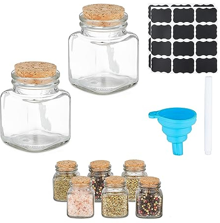 Relaxdays Gewürzgläser 8er Set, eckig, Gewürzdosen Glas & Kork, 100 ml, Etiketten, Stift & Trichter, transparent/Natur